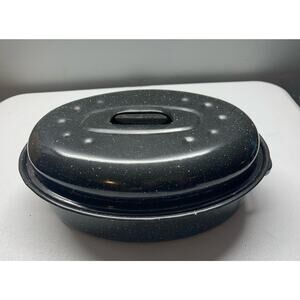 Granite Ware Small Roasting Pan with Lid 15” X 6” Oval Black Domed Lid